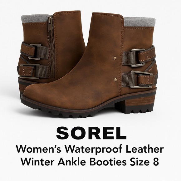 Sorel Shoes - Sorel Lolla Waterproof Leather Ankle Booties Brown Stacked Heel‎ Women's Size 8